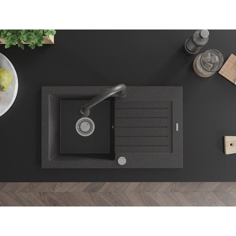 Mexen Pablo vienos komoros granito plautuvė su nusausintuvu ir virtuviniu maišytuvu Elia, juodas dėmėtas - 6510-76-670101-76