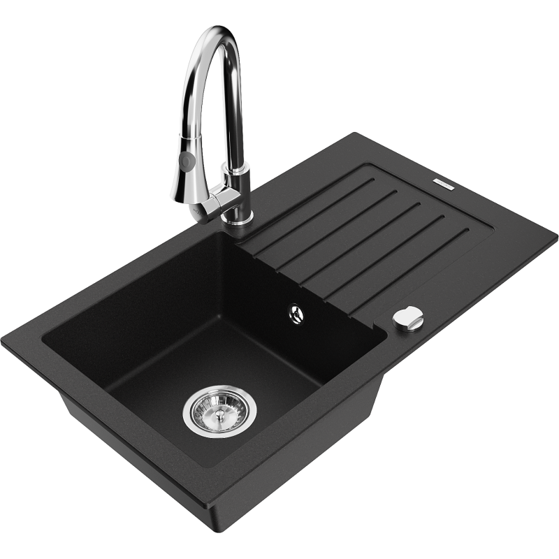 Mexen Pablo vienos sekcijos granitinis virtuvės kriauklė su nutekėjimu ir Elia virtuviniu maišytuvu, juodas - 6510-77-670101-00