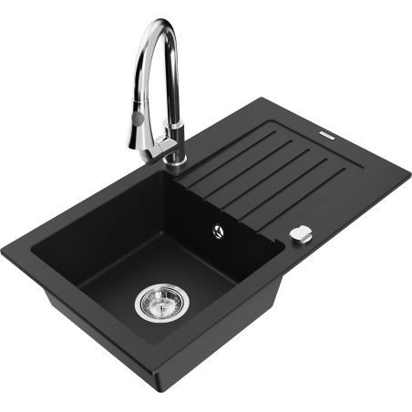 Mexen Pablo vienos sekcijos granitinis virtuvės kriauklė su nutekėjimu ir Elia virtuviniu maišytuvu, juodas - 6510-77-670101-00