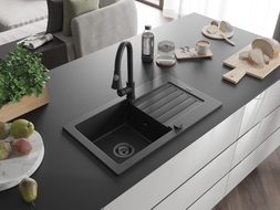 Mexen Pablo granitinė vienos kameros kriauklė su nutekamu ir virtuviniu maišytuvu Elia, juoda - 6510-77-670101-70-B