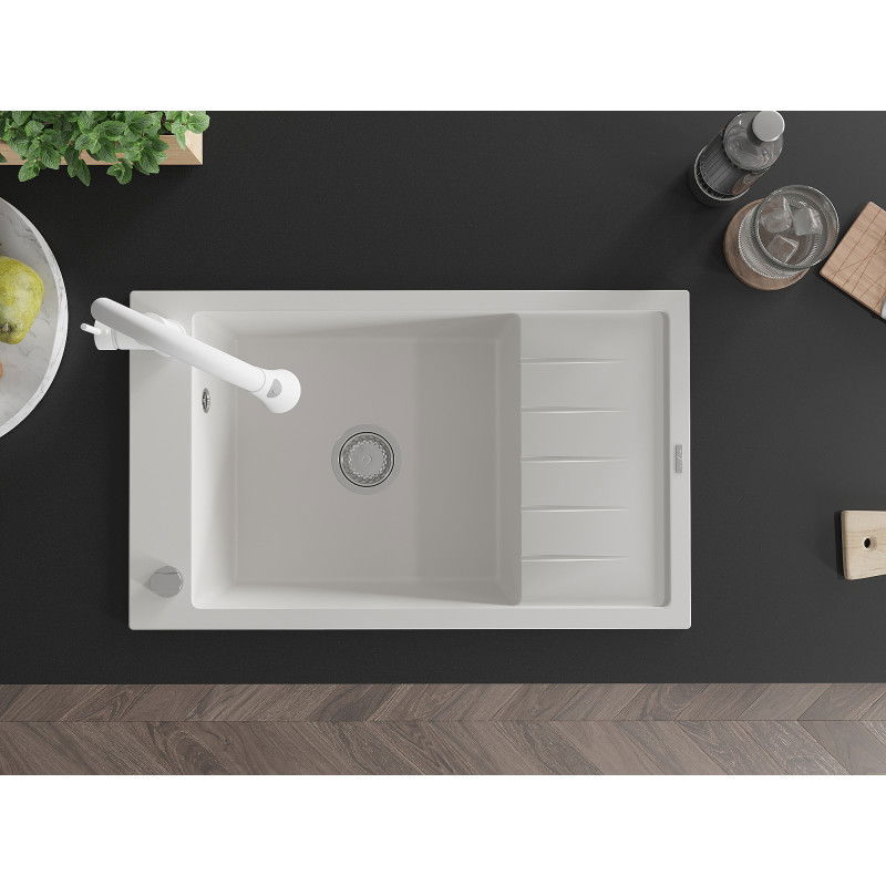 Mexen Elias granito plautuvė 1-dubenio su nutekamu ir virtuviniu maišytuvu Elia, balta - 6511-20-670101-20