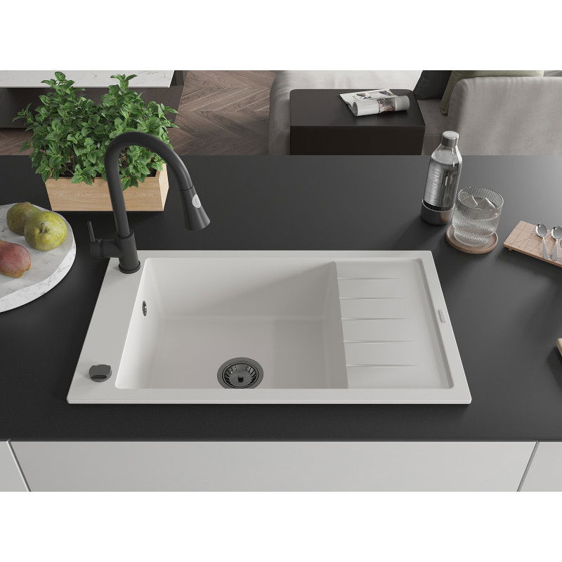 Mexen Elias 1-jų kamerų granitinė plautuvė su nutekėjimu ir virtuviniu maišytuvu Elia, balta - 6511-20-670101-70