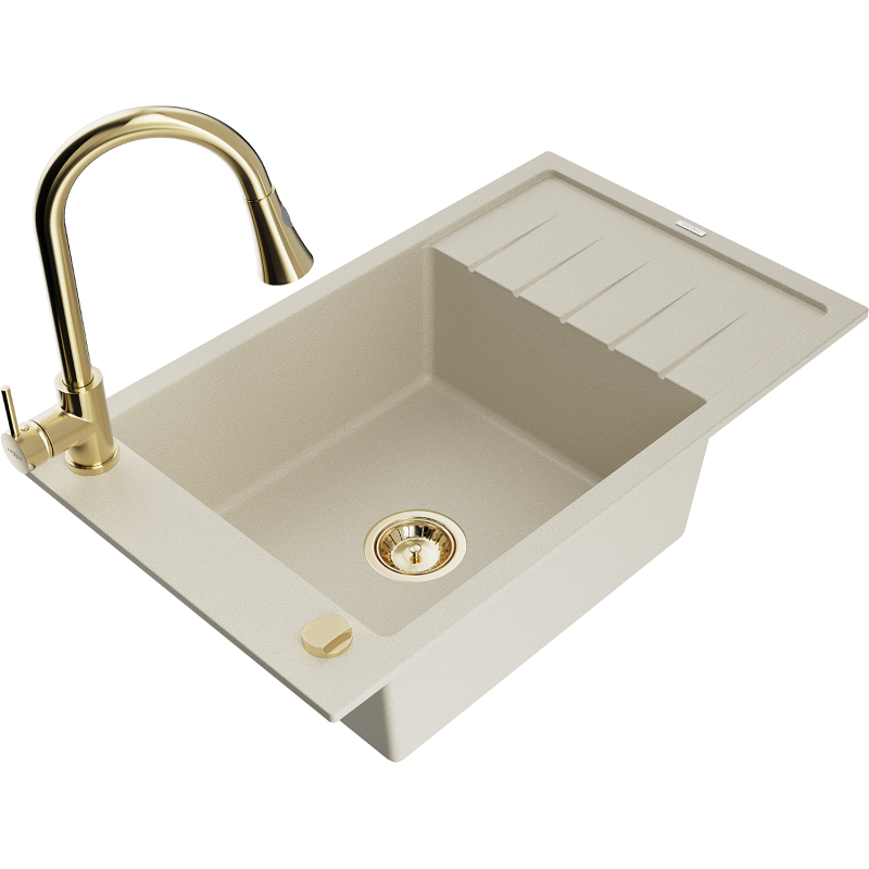 Mexen Elias vienos sekcijos granitinė kriauklė su nusausintuvu ir virtuviniu maišytuvu Elia, smėlio spalvos