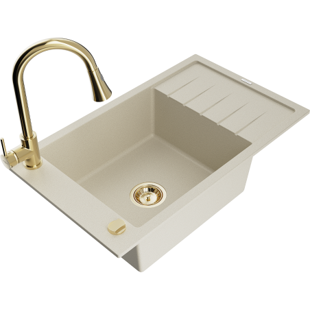 Mexen Elias vienos sekcijos granitinė kriauklė su nusausintuvu ir virtuviniu maišytuvu Elia, smėlio spalvos