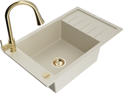 Mexen Elias vienos sekcijos granitinė kriauklė su nusausintuvu ir virtuviniu maišytuvu Elia, smėlio spalvos