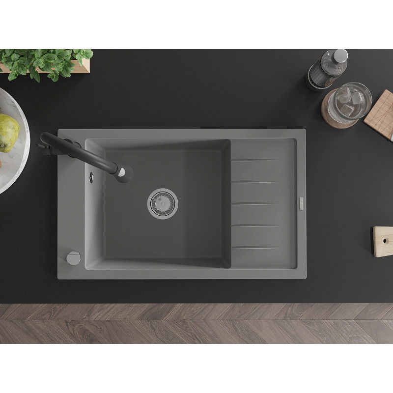 Mexen Elias granitinė vienos kameros plautuvė su nusausintuvu ir virtuviniu maišytuvu Elia, pilka - 6511-71-670101-70