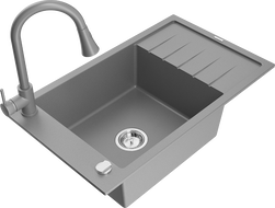 Mexen Elias vienos dubens granitinė plautuvė su drenažo plokšte ir virtuviniu maišytuvu Elia, pilka - 6511-71-670101-71