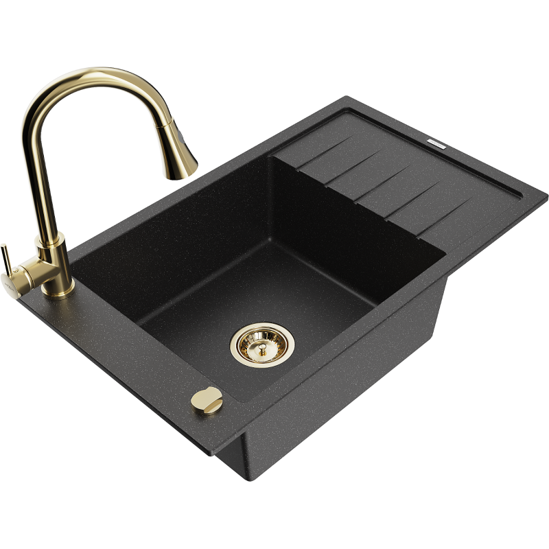 Mexen Elias vienos dalies granito kriauklė su nutekėjimu ir virtuviniu maišytuvu Elia, juodas/sidabrinis metalikas