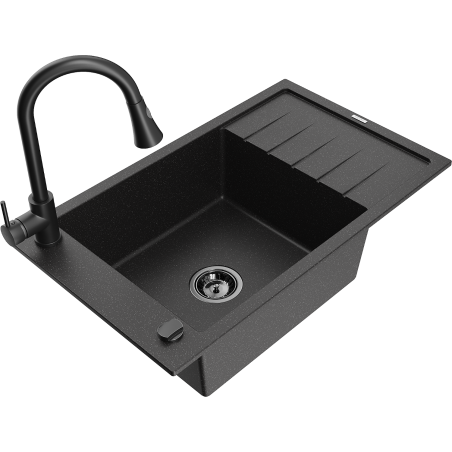 Mexen Elias granitinė vienos kameros plautuvė su nutekėjimo zona ir virtuviniu maišytuvu Elia, juoda/sidabrinis metalikas