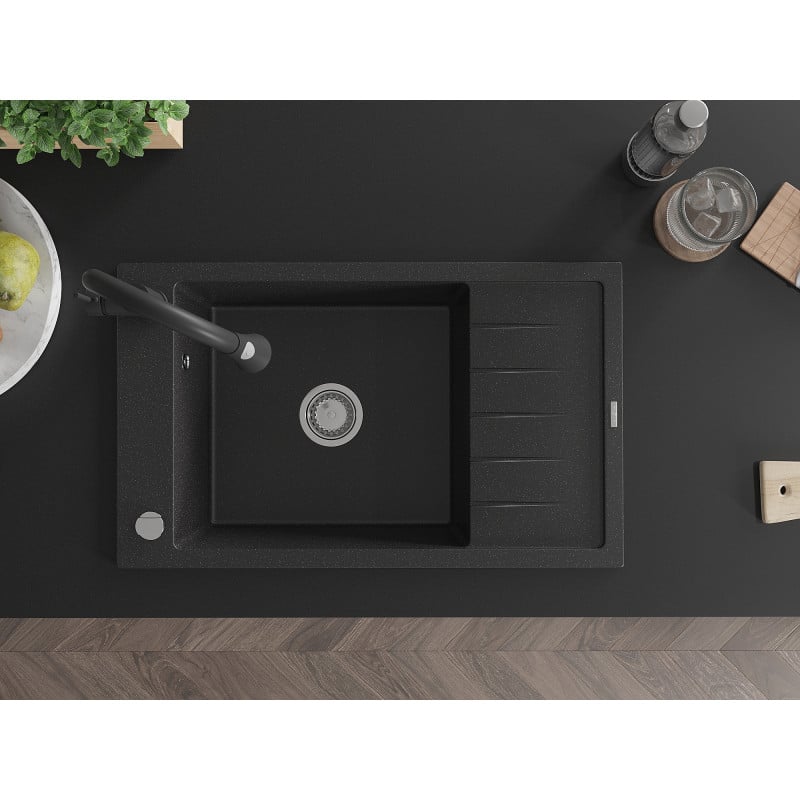 Mexen Elias vienos kameros granito kriauklė su nutekamuoju paviršiumi ir virtuviniu maišytuvu Elia, juoda/sidabrinis