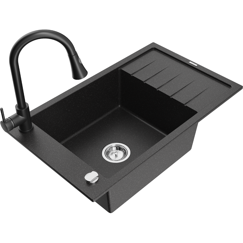 Mexen Elias vienos kameros granito kriauklė su nutekamuoju paviršiumi ir virtuviniu maišytuvu Elia, juoda/sidabrinis