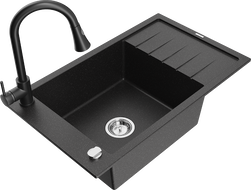 Mexen Elias vienos kameros granito kriauklė su nutekamuoju paviršiumi ir virtuviniu maišytuvu Elia, juoda/sidabrinis