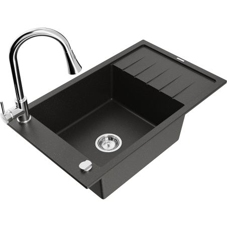 Mexen Elias granitinė vienos kameros kriauklė su nuvarvėjimo lentynėle ir virtuvės maišytuvu Elia, juoda/auksinė metalika