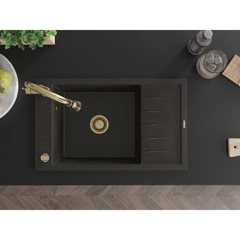 Mexen Elias vienos kameros granitinis plautuvas su varvekliu ir virtuviniu maišytuvu Elia, juodas/auksinis metalikas