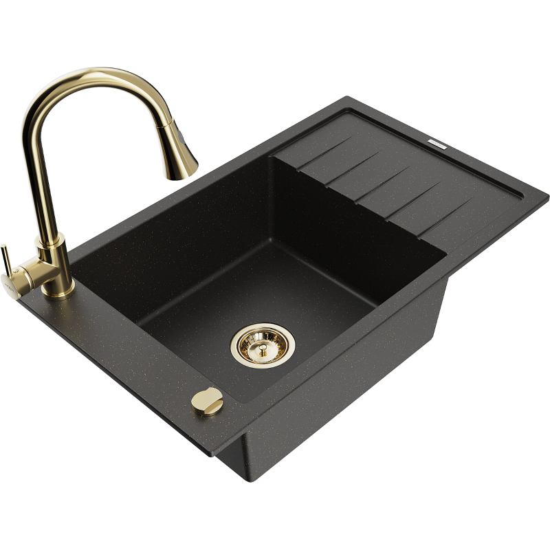 Mexen Elias vienos kameros granitinis plautuvas su varvekliu ir virtuviniu maišytuvu Elia, juodas/auksinis metalikas