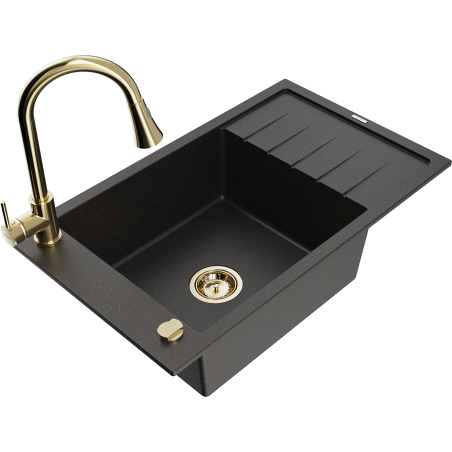 Mexen Elias vienos kameros granitinis plautuvas su varvekliu ir virtuviniu maišytuvu Elia, juodas/auksinis metalikas