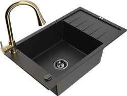 Mexen Elias granitinė vienos kameros kriauklė su drenažu ir virtuviniu maišytuvu Elia, juoda/auksinė metalika