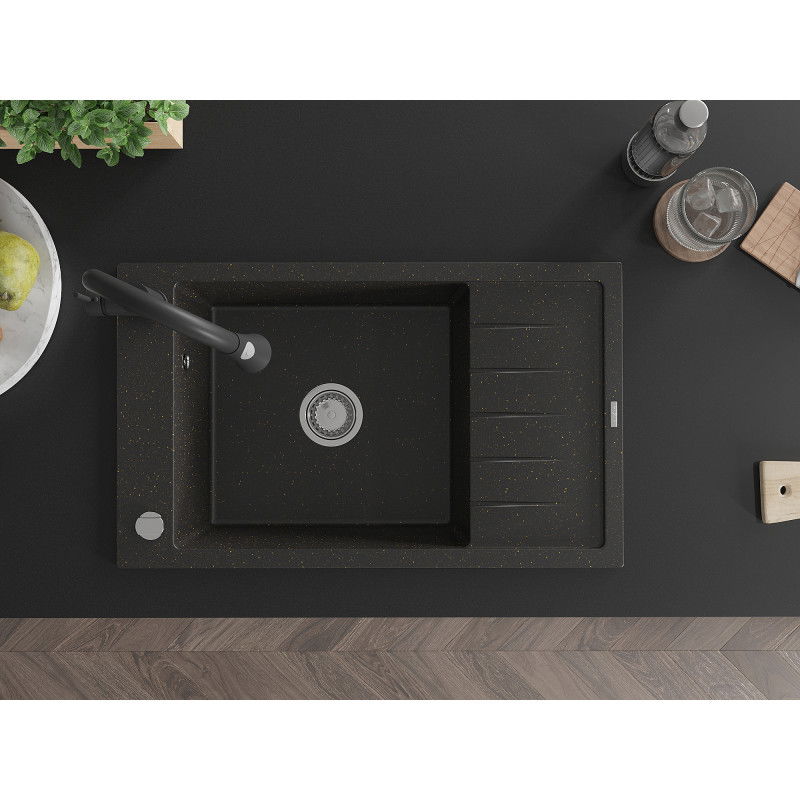 Mexen Elias granitinė vienos kameros plautuvė su nusausintuvu ir virtuviniu maišytuvu Elia, juoda/auksinė metalo