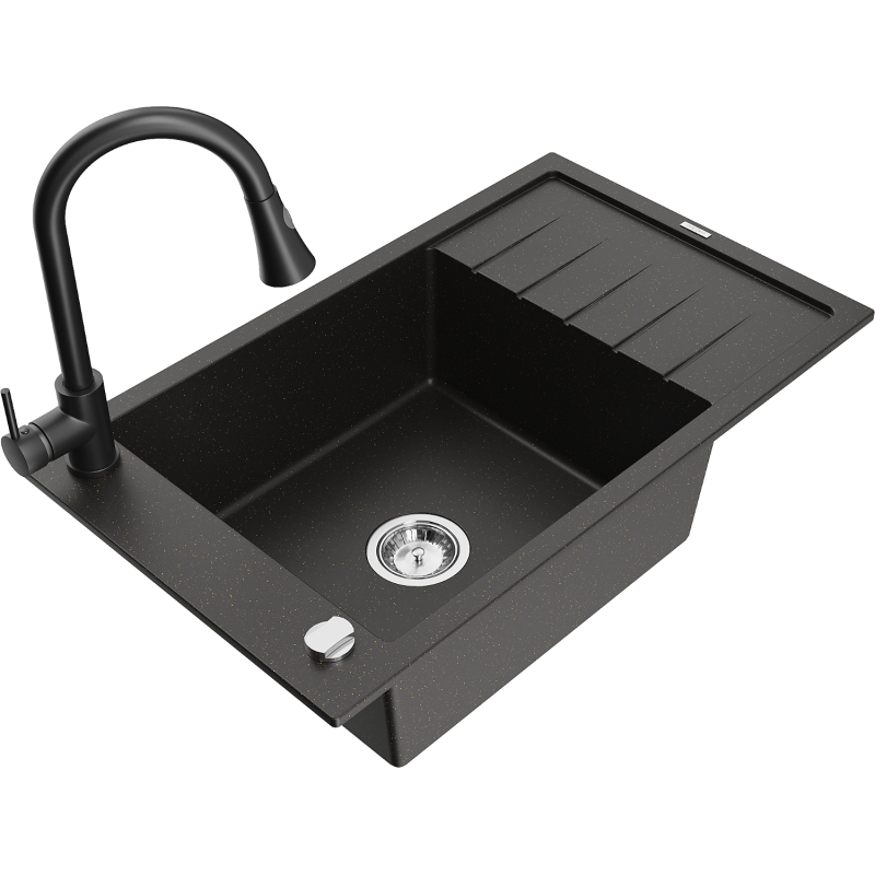 Mexen Elias granitinė vienos kameros plautuvė su nusausintuvu ir virtuviniu maišytuvu Elia, juoda/auksinė metalo