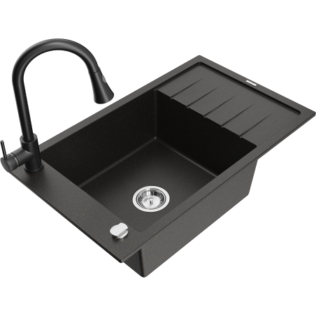 Mexen Elias granitinė vienos kameros plautuvė su nusausintuvu ir virtuviniu maišytuvu Elia, juoda/auksinė metalo