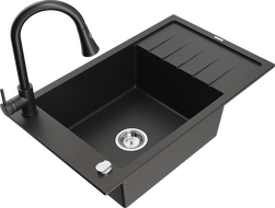 Mexen Elias granitinė vienos kameros plautuvė su nusausintuvu ir virtuviniu maišytuvu Elia, juoda/auksinė metalo