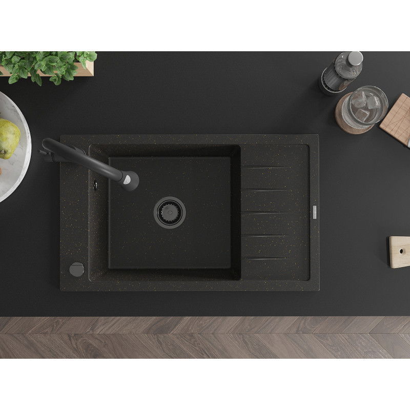 Mexen Elias granitinė vienos kameros plautuvė su džiovykla ir virtuviniu maišytuvu Elia, juoda/auksinis metalikas