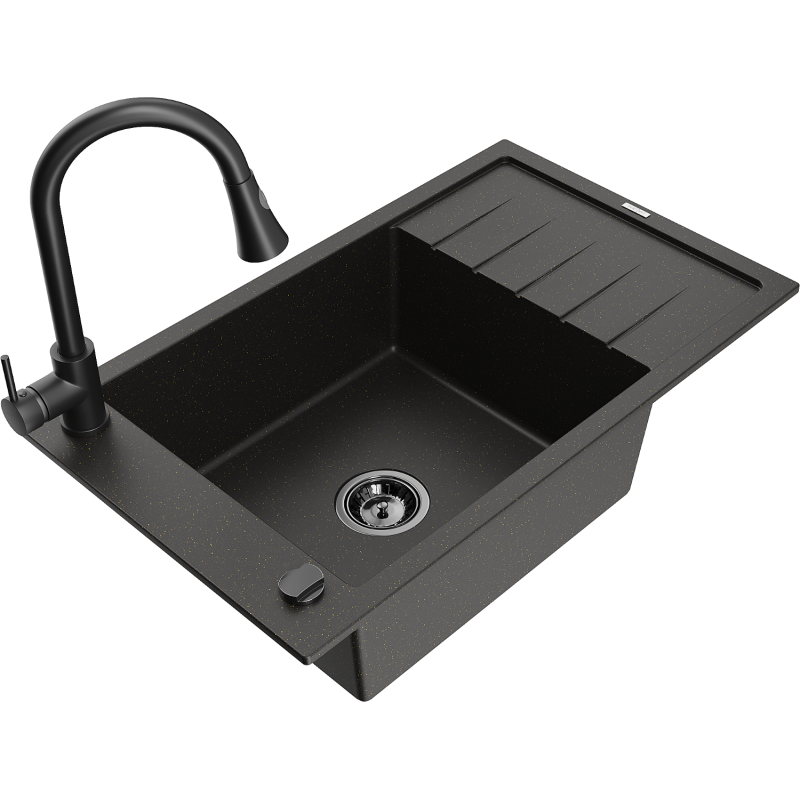 Mexen Elias granitinė vienos kameros plautuvė su džiovykla ir virtuviniu maišytuvu Elia, juoda/auksinis metalikas