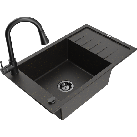 Mexen Elias granitinė vienos kameros plautuvė su džiovykla ir virtuviniu maišytuvu Elia, juoda/auksinis metalikas