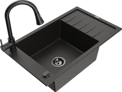 Mexen Elias granitinė vienos kameros plautuvė su džiovykla ir virtuviniu maišytuvu Elia, juoda/auksinis metalikas