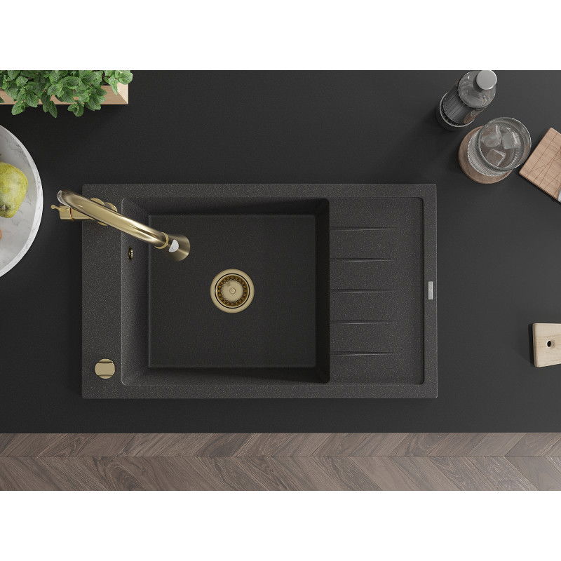 Mexen Elias granito plautuvė 1 skyrelio su indaplove ir virtuviniu maišytuvu Elia, juoda dėmėta - 6511-76-670101-50