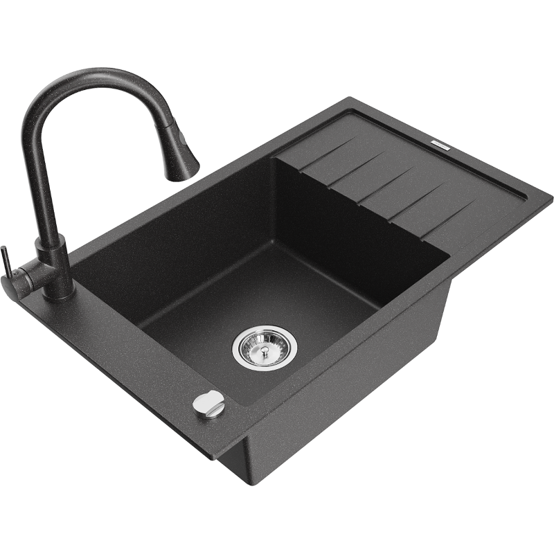 Mexen Elias granitinė vienos komoros kriauklė su nutekėjimu ir virtuviniu maišytuvu Elia, juodas margintas