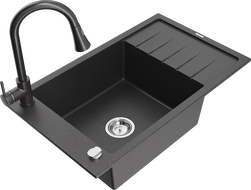 Mexen Elias granitinė vienos komoros kriauklė su nutekėjimu ir virtuviniu maišytuvu Elia, juodas margintas