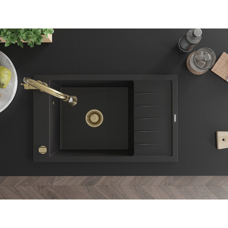 Mexen Elias vienos sekcijos granitinė plautuvė su nusausintuvu ir virtuviniu maišytuvu Elia, juoda - 6511-77-670101-50