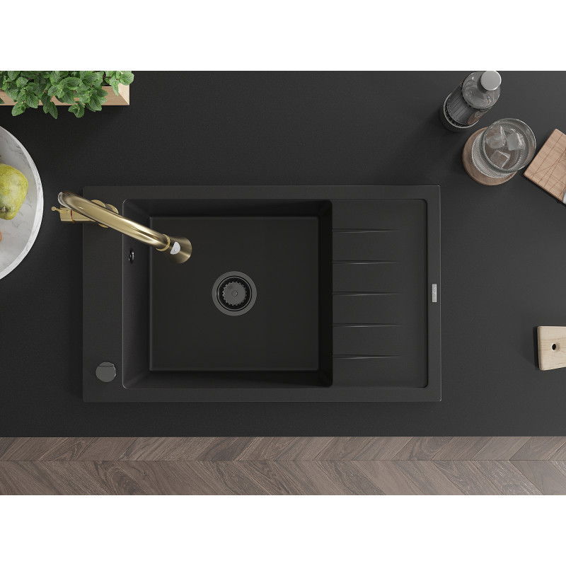 Mexen Elias granitinė vienos kameros plautuvė su nutekėjimu ir Elia virtuvės maišytuvu, juoda - 6511-77-670101-50-B