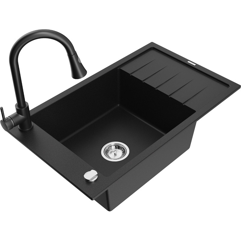 Mexen Elias granitinė virtuvinė plautuvė su viena kamera, nubėgimo paviršiumi ir virtuviniu maišytuvu Elia, juoda