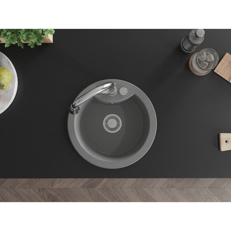 Mexen Diego granitinė virtuvės kriauklė su vienu dubeniu ir Elia maišytuvu, pilka - 6512-71-670101-00