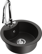 Mexen Diego granitinė vienos kameros plautuvė su virtuviniu maišytuvu Elia, juoda/auksinis metalikas - 6512-75-670101-00