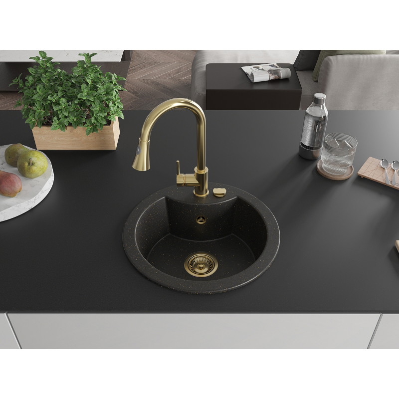 Mexen Diego granitinė virtuvės kriauklė su viena kamera ir Elia virtuviniu maišytuvu, juoda/auksinis metalikas