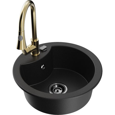 Mexen Diego granitinė vienos kameros virtuvės plautuvė su maišytuvu Elia, juoda - 6512-77-670101-50-B