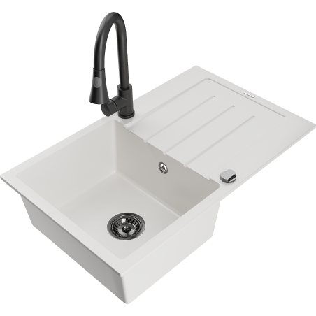 Mexen Bruno granito plautuvė 1-jų skylių su nusausintuvu ir virtuviniu maišytuvu Elia, balta - 6513-20-670101-70