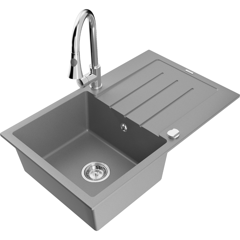 Mexen Bruno granitinė vieno dubens kriauklė su drenažu ir virtuviniu maišytuvu Elia, pilka - 6513-71-670101-00