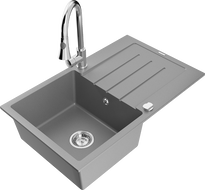 Mexen Bruno granitinė vieno dubens kriauklė su drenažu ir virtuviniu maišytuvu Elia, pilka - 6513-71-670101-00