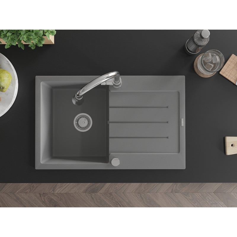 Mexen Bruno granitinė vieno dubens kriauklė su drenažu ir virtuviniu maišytuvu Elia, pilka - 6513-71-670101-00