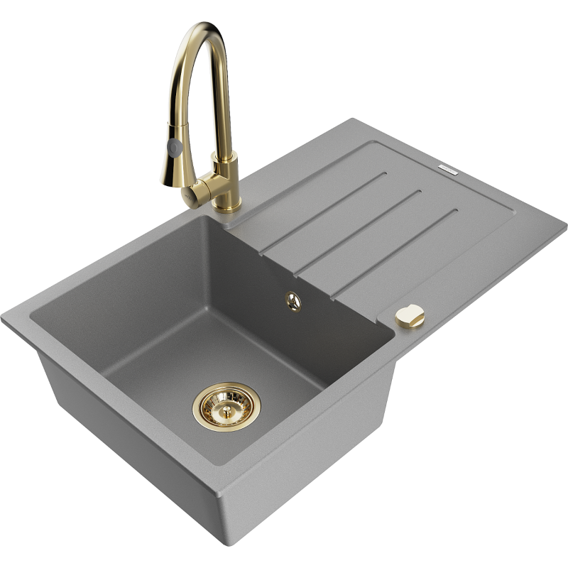 Mexen Bruno granito plautuvė vienos kameros su nusausintuvu ir virtuviniu maišytuvu Elia, pilka - 6513-71-670101-50