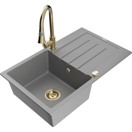 Mexen Bruno granito plautuvė vienos kameros su nusausintuvu ir virtuviniu maišytuvu Elia, pilka - 6513-71-670101-50