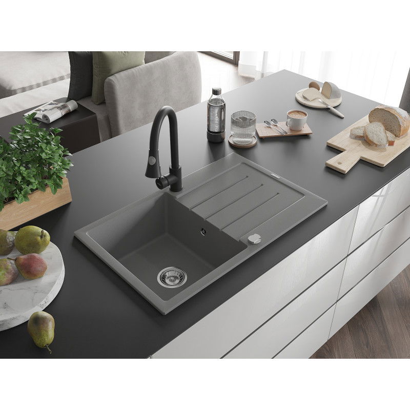 Mexen Bruno granitinė vienaaukštė kriauklė su nutekamu ir virtuviniu maišytuvu Elia, pilka - 6513-71-670101-70