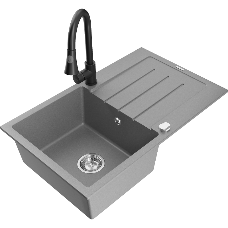 Mexen Bruno granitinė vienaaukštė kriauklė su nutekamu ir virtuviniu maišytuvu Elia, pilka - 6513-71-670101-70