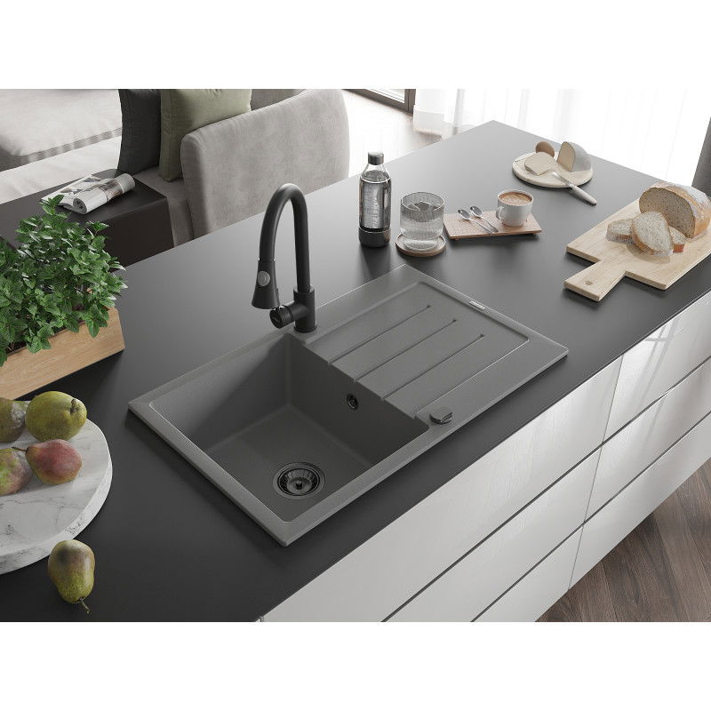 Mexen Bruno granitinis vienos plautuvės kriauklė su nutekėjimu ir virtuviniu maišytuvu Elia, pilka - 6513-71-670101-70-B
