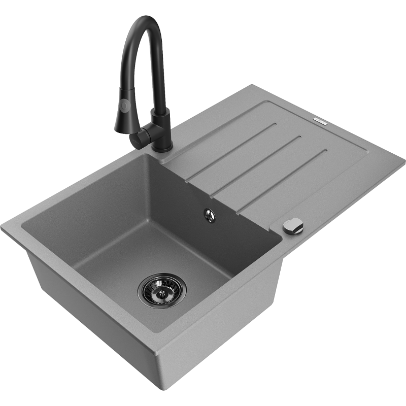 Mexen Bruno granitinis vienos plautuvės kriauklė su nutekėjimu ir virtuviniu maišytuvu Elia, pilka - 6513-71-670101-70-B
