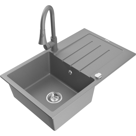 Mexen Bruno granitinė vienos kameros plautuvė su nusausinimo vieta ir virtuviniu maišytuvu Elia, pilka - 6513-71-670101-71